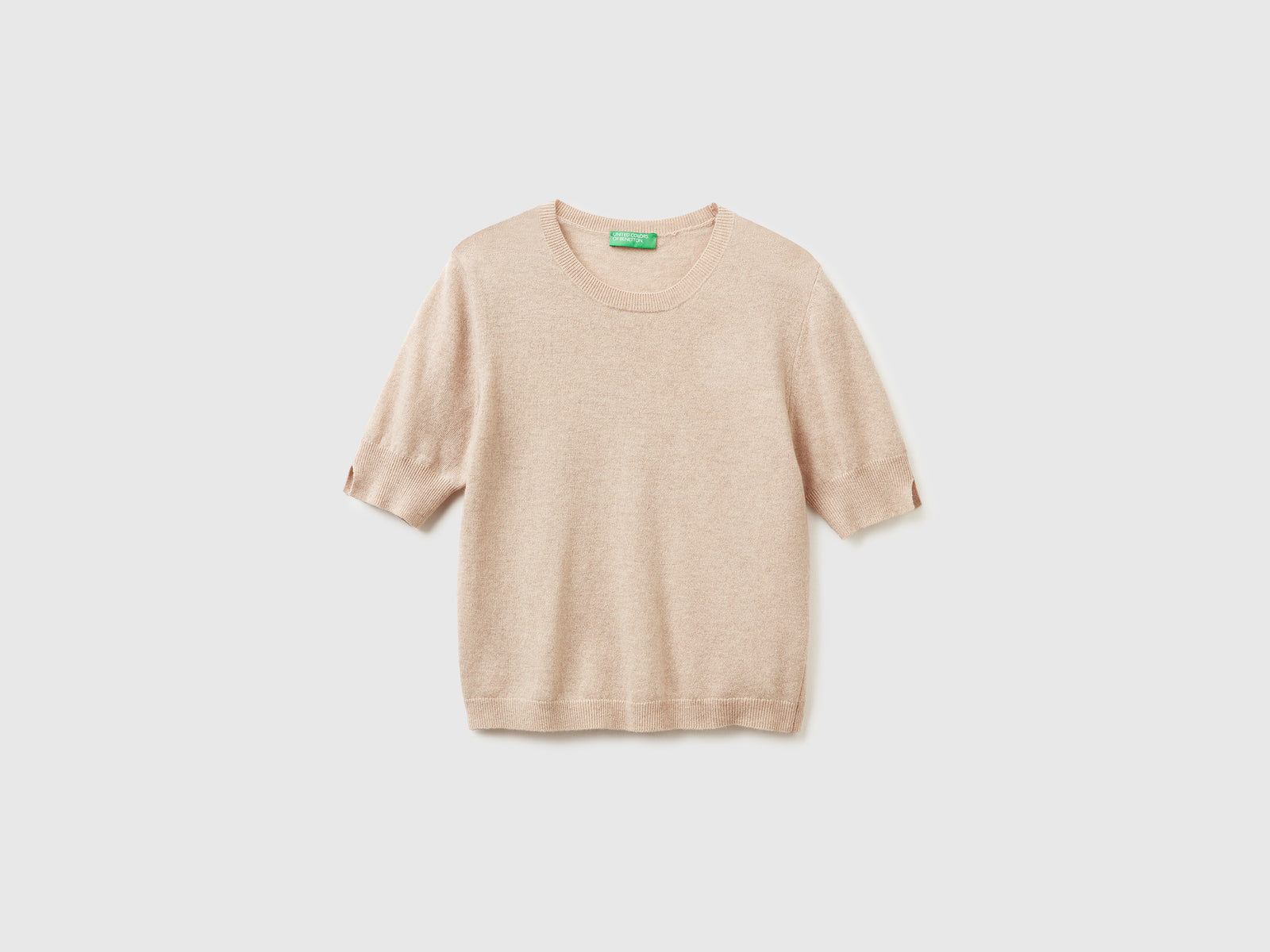Camisola de manga curta bege em pura lã Merino - ucb_image_FS