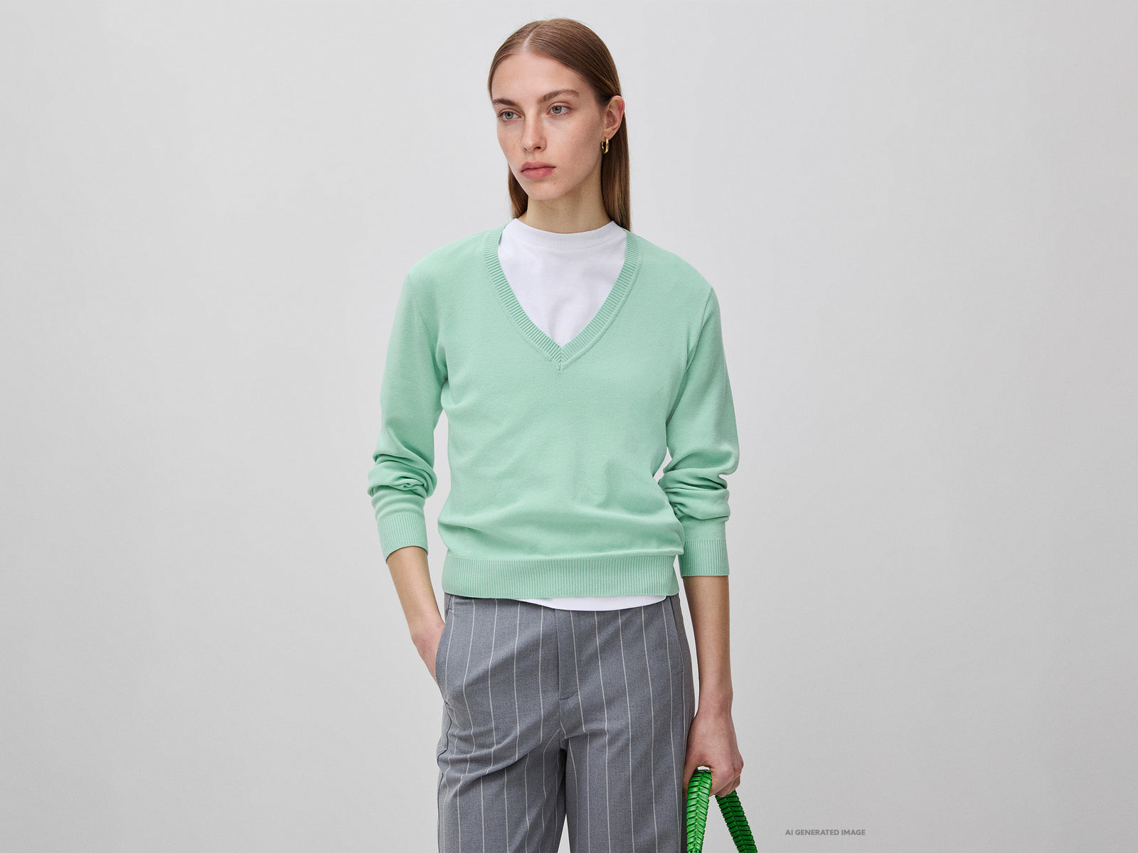 Camisola verde sálvia em algodão tricô com decote em V - ucb_image_F