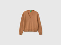 Camisola decote em V cor camel em pura lã Merino - ucb_image_FS