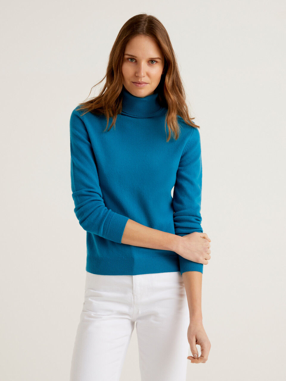 Teal turtleneck sweater in pure Merino wool customizable