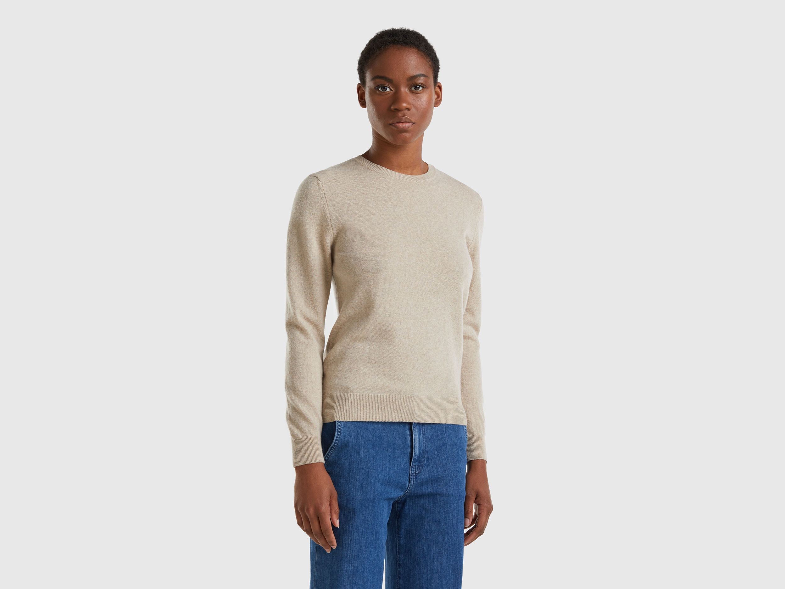 Beige crew neck sweater in pure Merino wool Beige Benetton