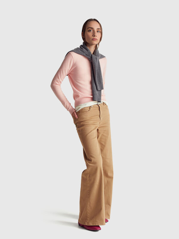 Powder pink crew neck sweater in Merino wool Women