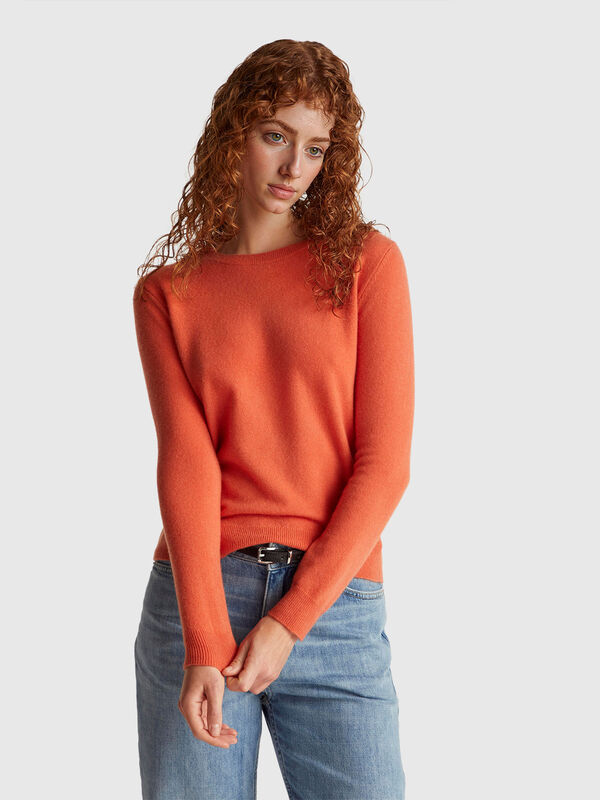 Orange crew neck sweater in Merino wool Women