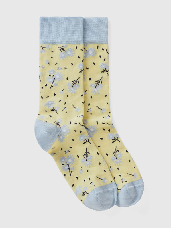 Long yellow and light blue floral socks