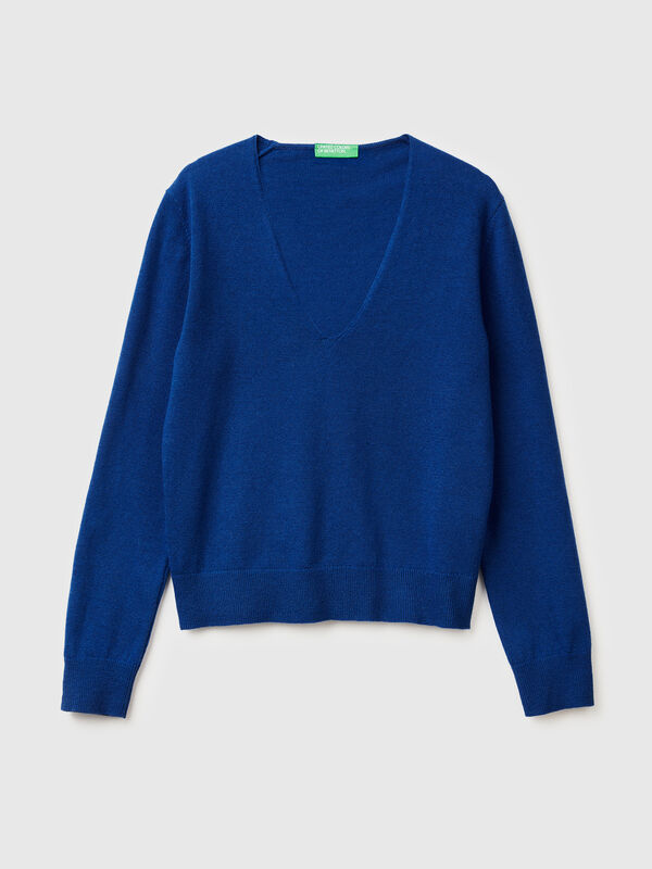 Blue V-neck sweater in pure Merino wool Women