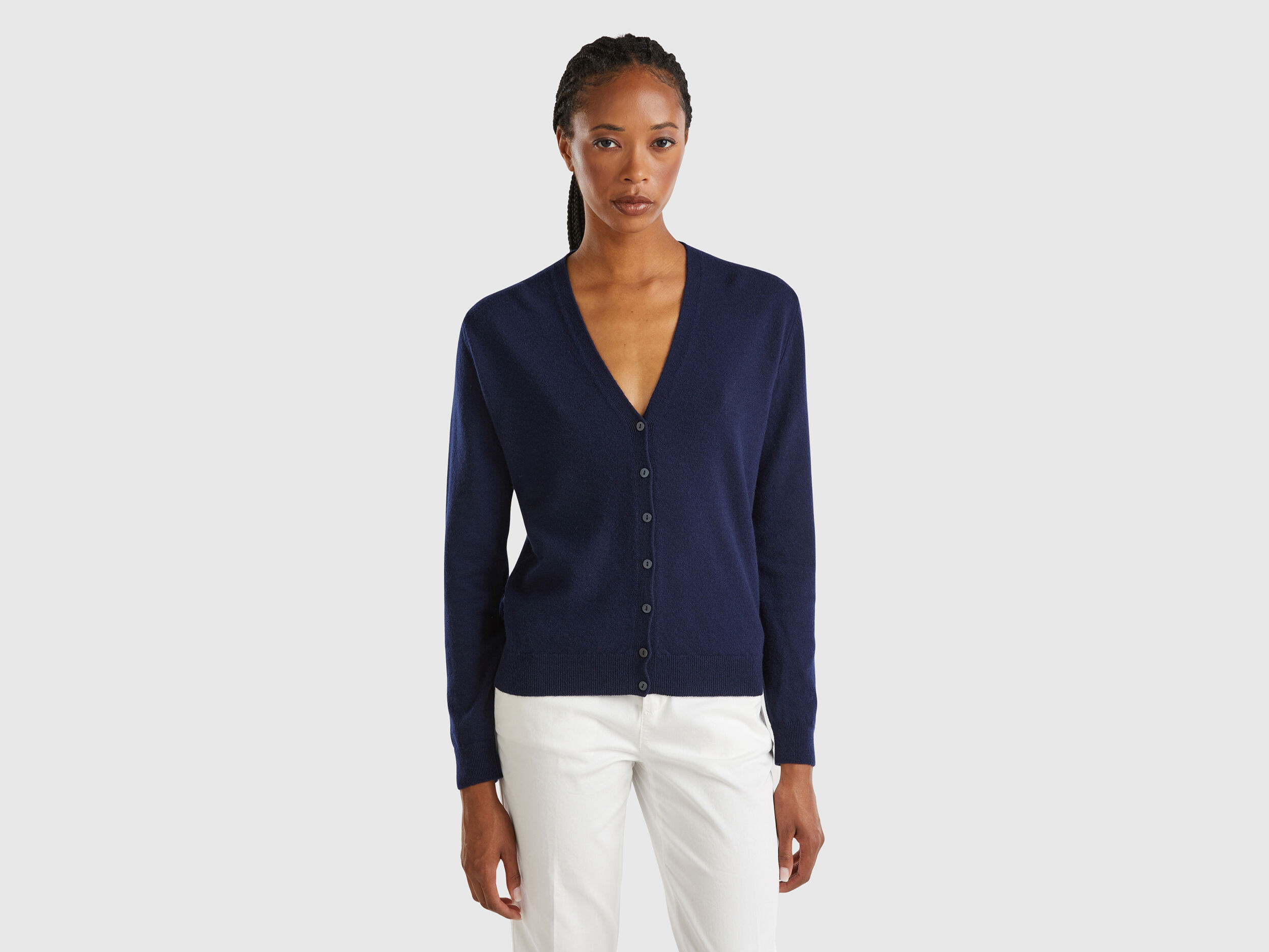 Dark blue V neck cardigan in pure Merino wool Dark Blue Benetton