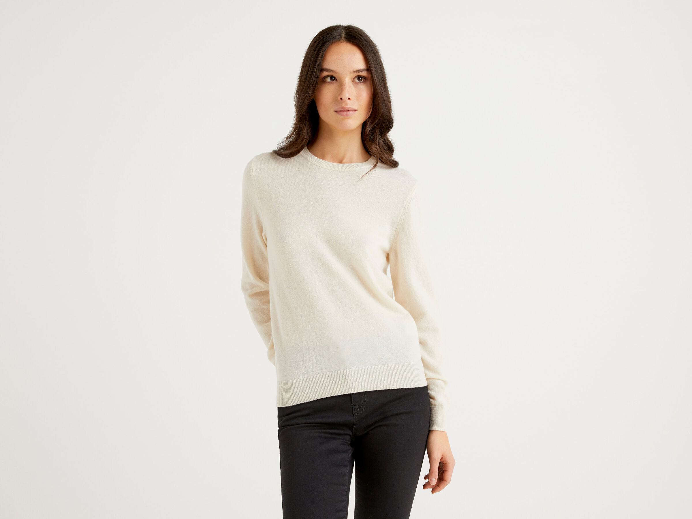 Cream crew neck sweater in pure virgin wool - Creamy White | Benetton