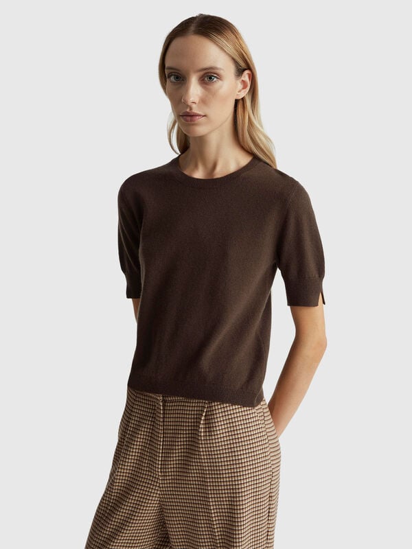 Brown short sleeve sweater in pure Merino wool Women