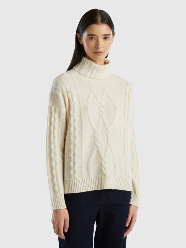 Pure cashmere turtleneck with cable knit Women