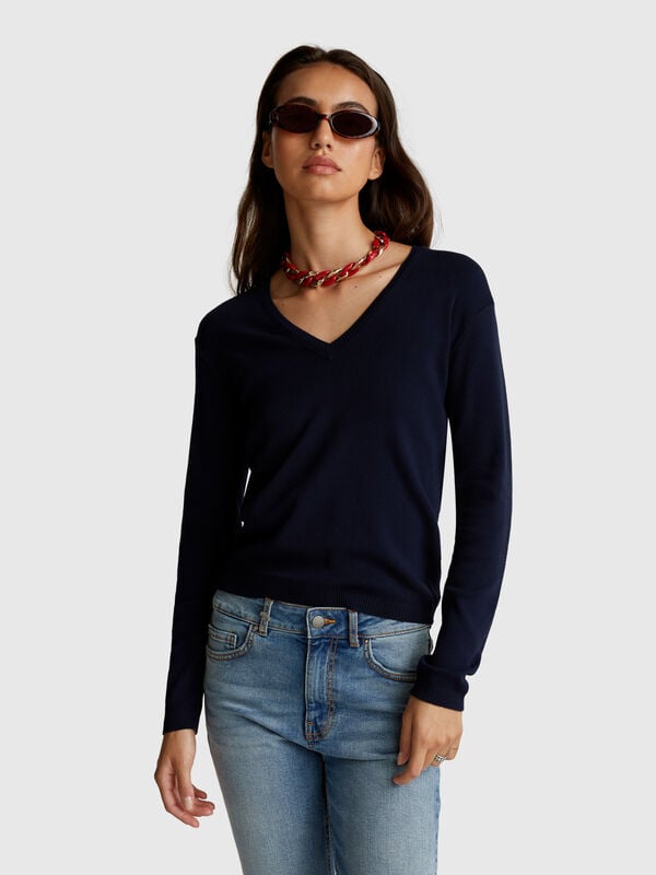 Sweater with V-neck in pure cotton Women