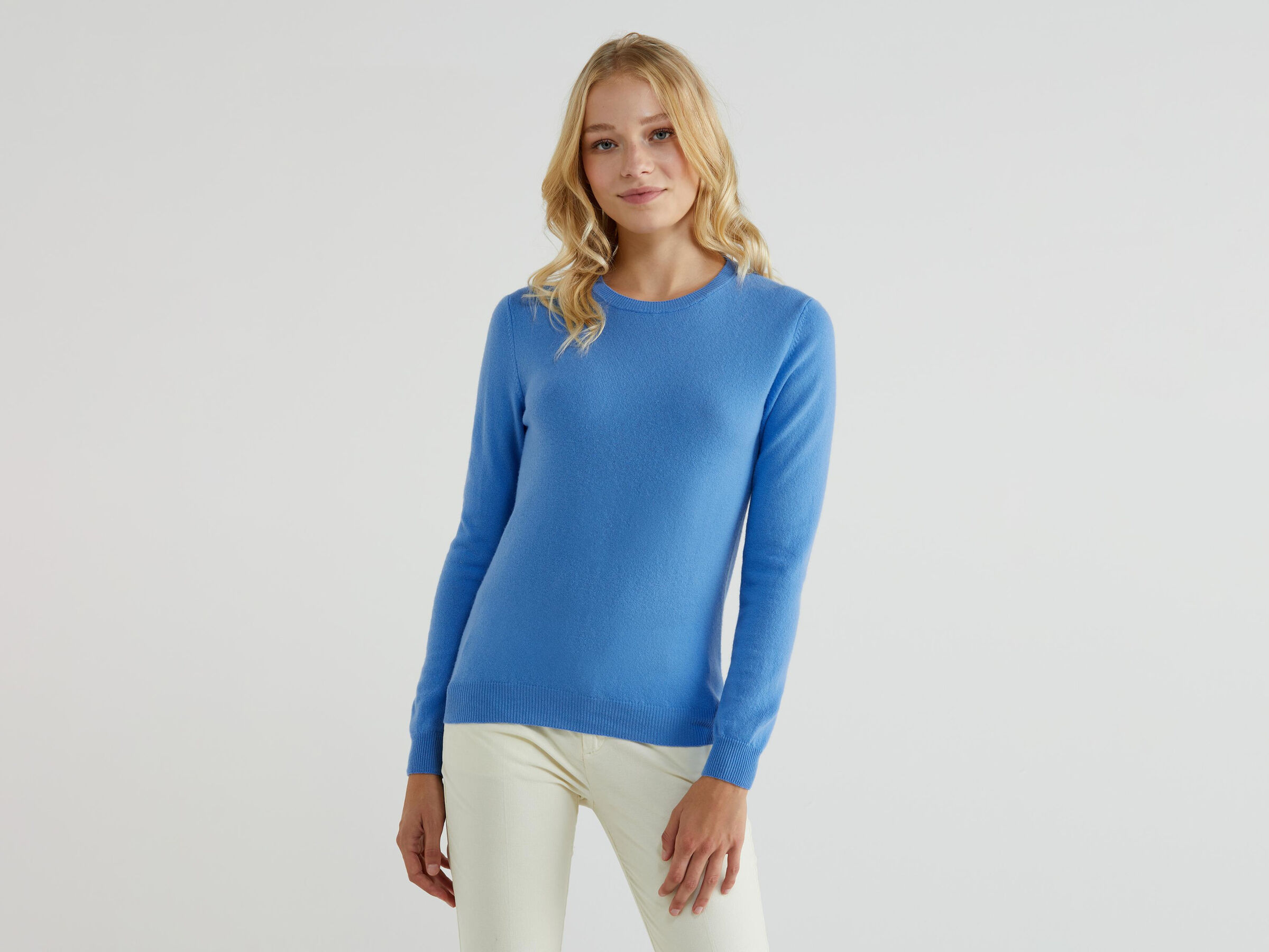 100% virgin wool crew neck sweater - Light Blue | Benetton