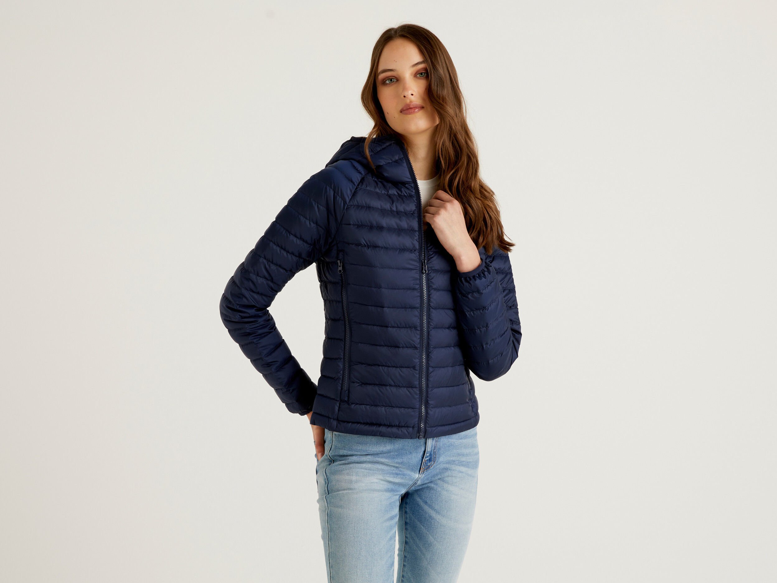 Navy puffer coat with hood