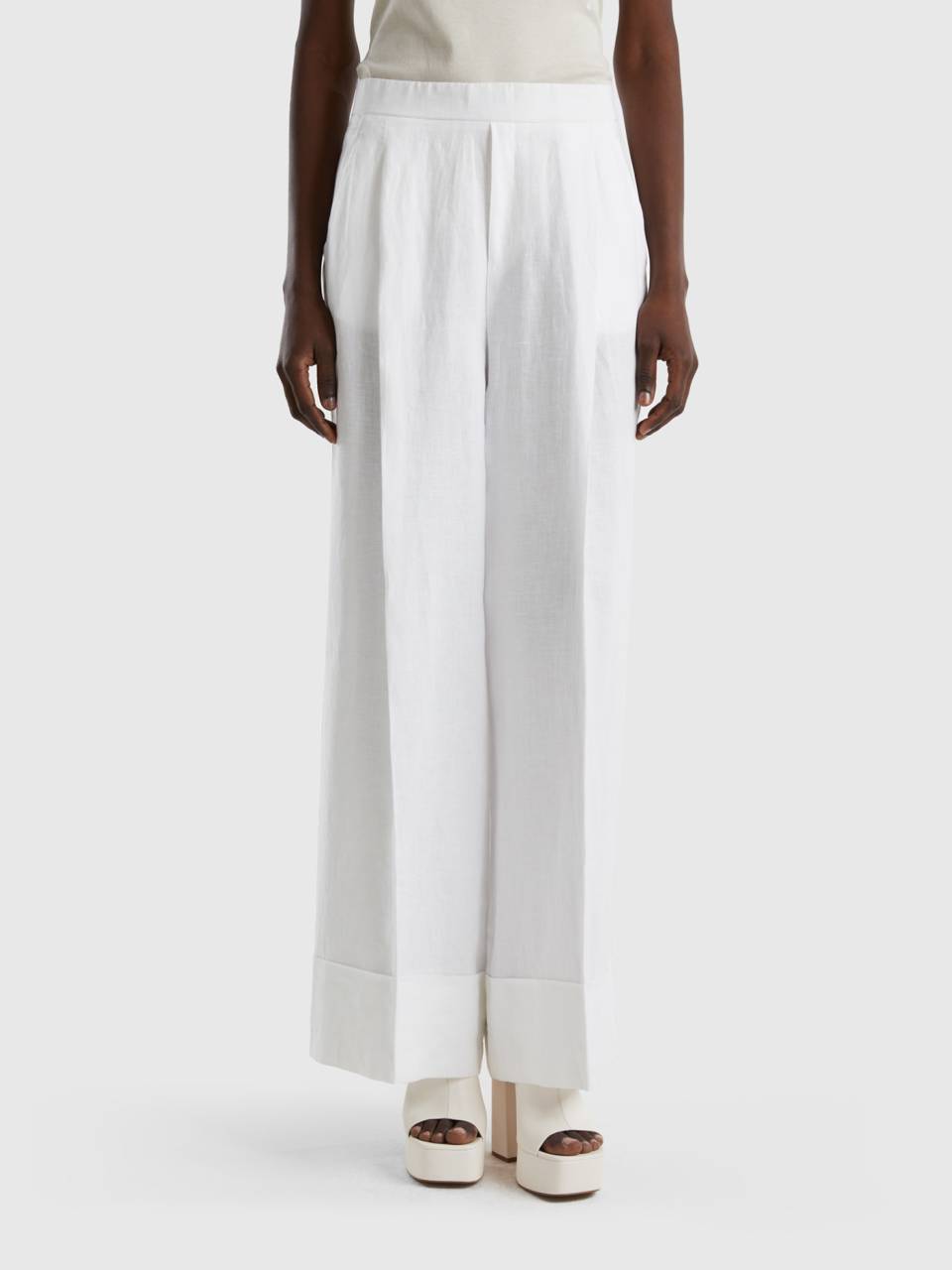 Palazzo trousers in 100 linen White Benetton