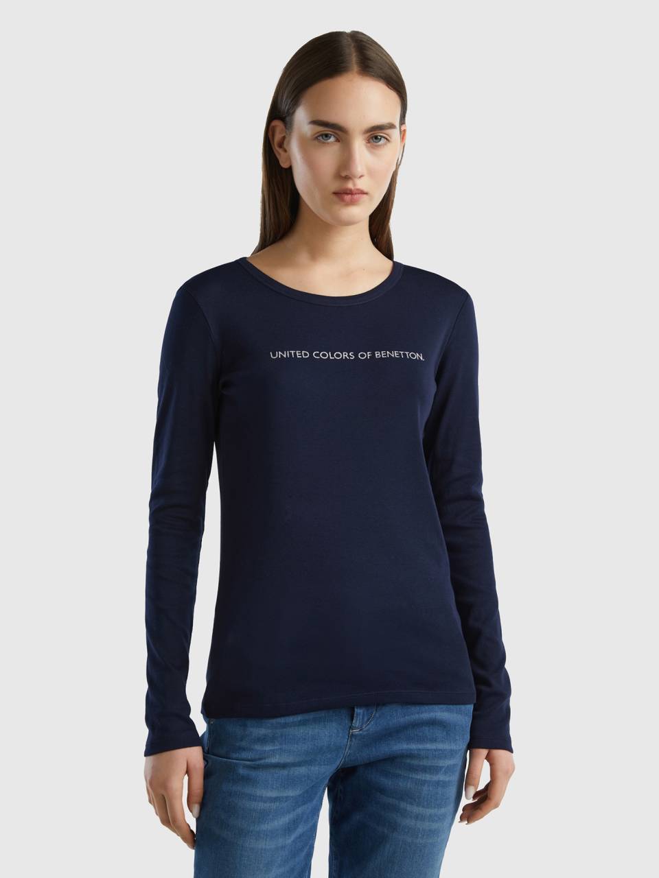 Long sleeve dark blue t shirt in 100 cotton